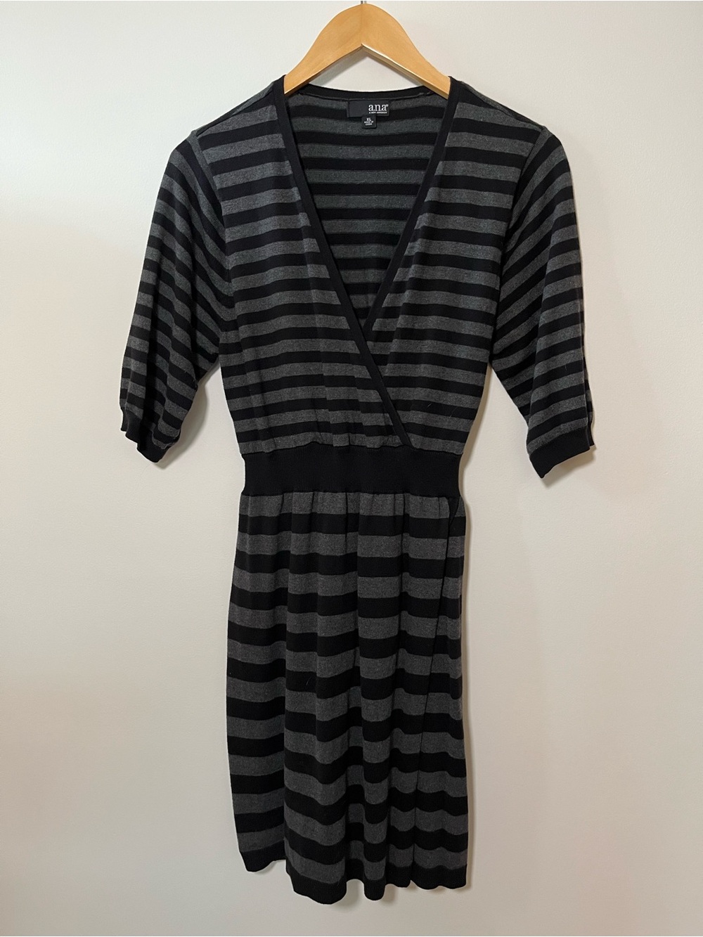 Striped V-Neck Midi Dress in Black and Gray by A.N.A